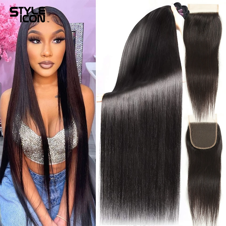 Styleicon Peruaanse Straight Menselijk Haar Bundels Met Sluiting 3/4 Bundels Steil Haar Weave Met Sluiting Lange Hair Extensions