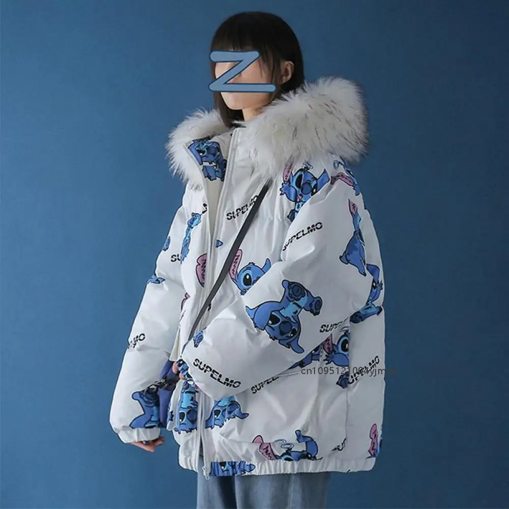 Disney Stitch Cute Print Down Cotton Jacket Winter New Korean Version Loose Cotton Coat Trend Casual Warm Versatile Zipper Coat