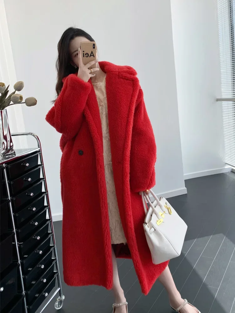 Teddy Bear Coat Geranium Red Teddy Alpaca Fur Profile Long Coat Woman Radiant Fashion Embark on a journey of sartorial splendor