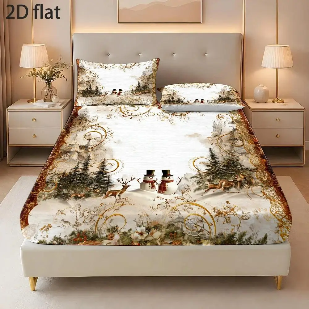 Newest 2D Three-Piece Bedding Set (Includes 1 Fitted Sheet + 2 Pillowcases) Mattress Protector, Christmas Snowman and Reindeer Theme, European Retro Oil Painting Style, Merry Christmas Fitted Sheet Style, Elastic Protector, Holiday Decoration, Various Sizes, Breathable Protector with Pillowcase