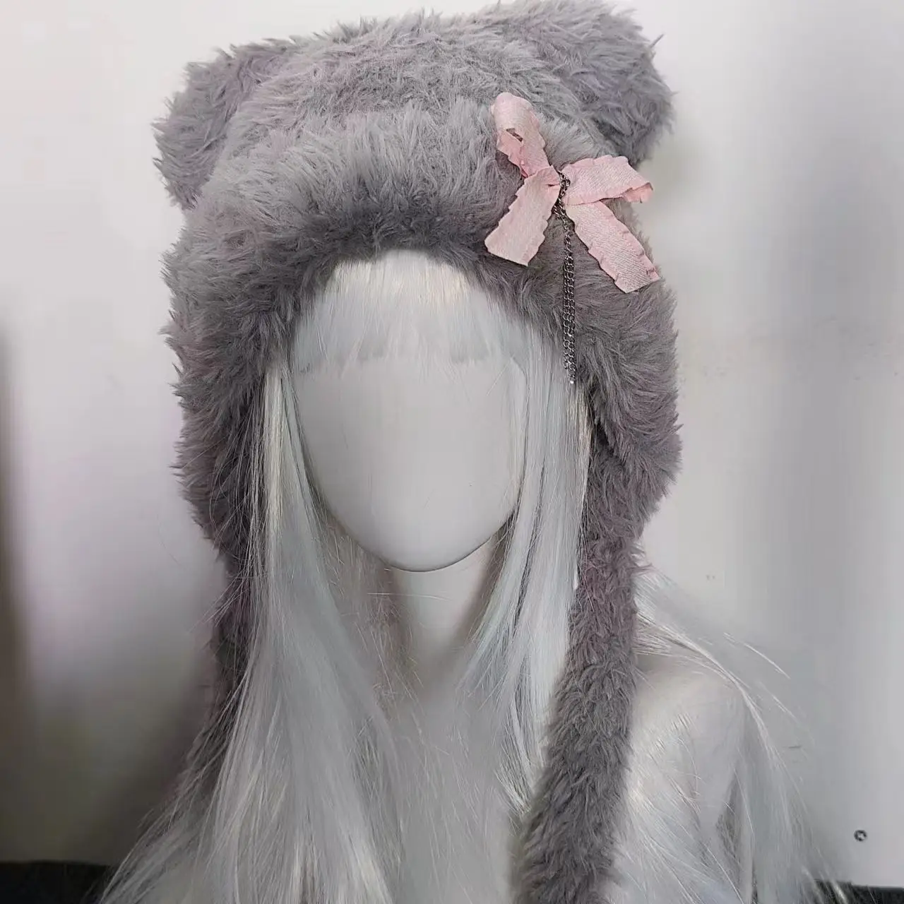 النساء Harajuku القوطية لوليتا Y2K محبوك الدب الأذن Bowknot سلسلة قبعة سيسي الحلو الشتاء سدادات حماية الأذن قبعات ملابس تنكرية للحفلات #5