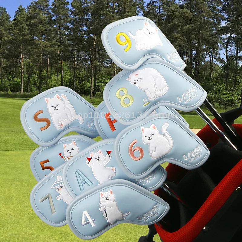 

9Pcs Golf Headcovers Cute Cat Golf Club Head Covers PU Leather Protector Waterproof Irons Headcover Set Golf Sports Accessories