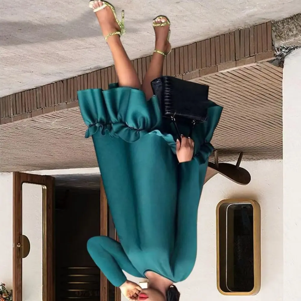 

Oversized Spring Banquet Dress A-line Ruffle Hem Knee Length Pure Color Midi Dress Long Sleeves O Neck Wide Waist Parties Dress