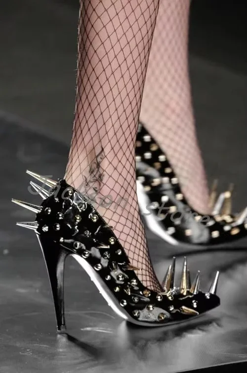 

2025 Cool Long Rivet Women's Pumps Sexy Pointed Slip On Handmade High Heels Novely Street Style Stiletto Workplace Footwear