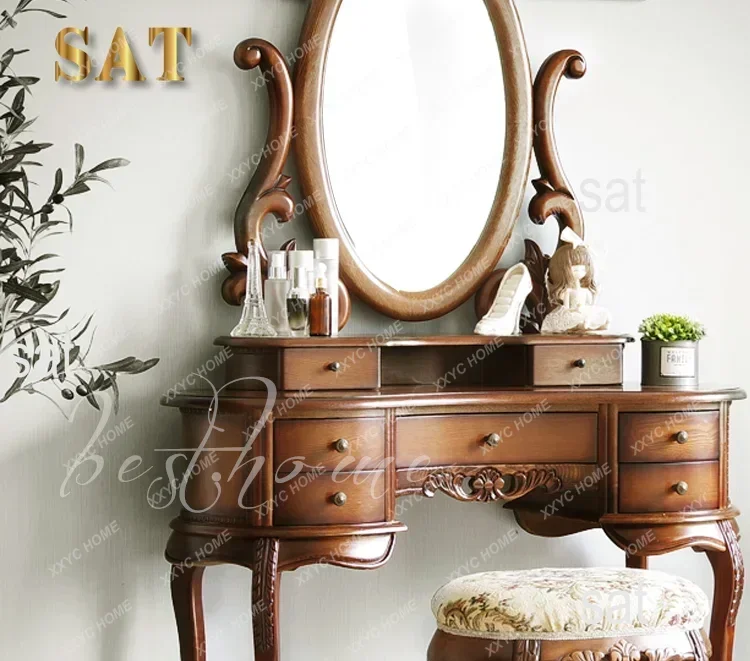 Solid Wood Mirror Table Bedroom Dresser Amercia Princess Furniture Dark Villa Luxury Carved Makeup Table Dressing Table