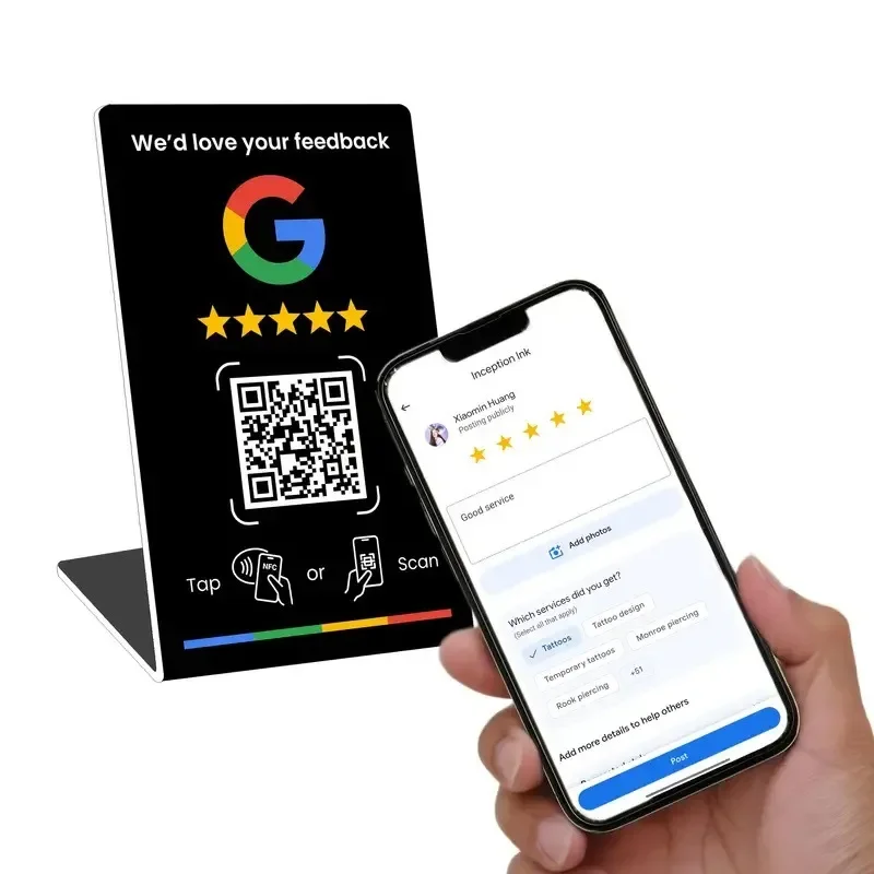Programmable NFC Review Card NTAG215 13.56MHz Dynamic QR Code Google Restaurant Table Stand Tap to Review Customer Feedback