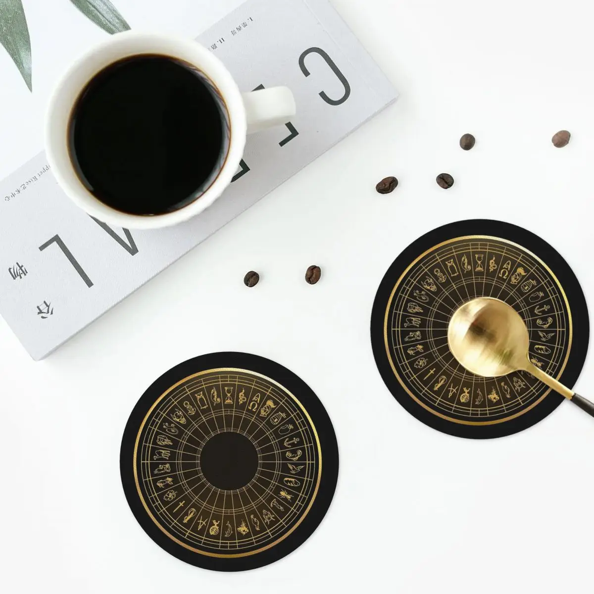 Alethiometer Golden Symbols Coasters Kitchen Placemats Waterproof Insulation Cup Coffee Mats Decor Home Tableware Pads Set of 4