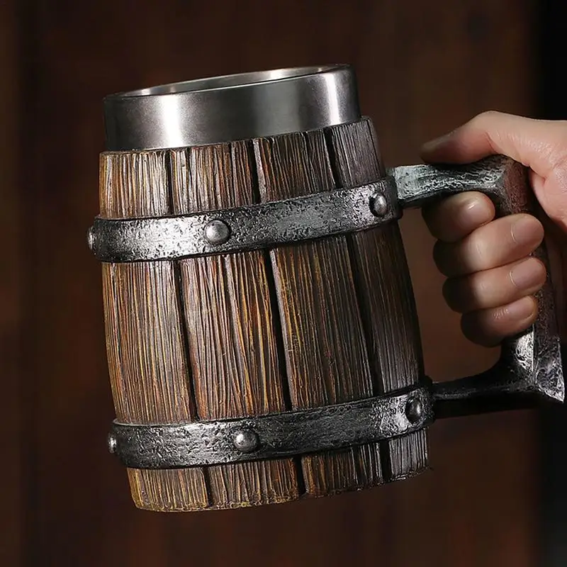 Viking Retro Beer Mug Resin 304 Stainless Steel Imitation Wood Coffee Cup Wall Mug Beer Jug Water Cup Barware Men Gift