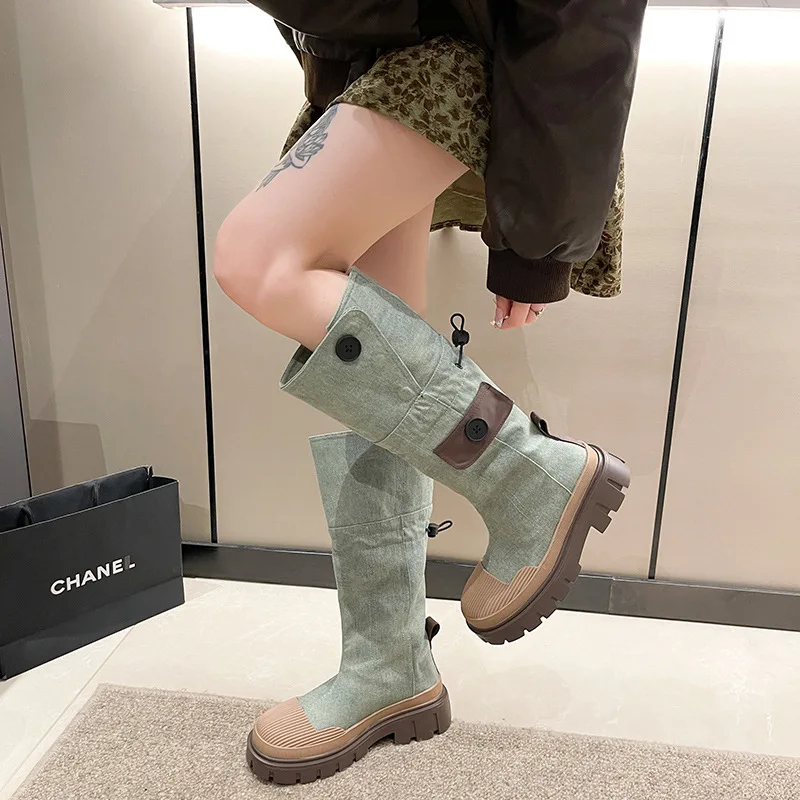 

Long Boots Canvas Small Stature 2025 New Thick-Soled Women's Summer American Style Boots Retro Western Fashion Boots