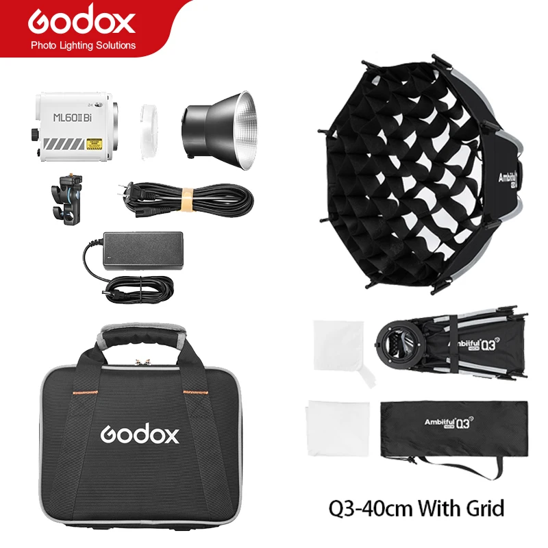 Godox ML60II BI LED-lamp & Q3 40/60cm Softbox Bi-color 2800K - 6500K LED-videolamp SA-GD Speedring Softbox voor buiten vlogs