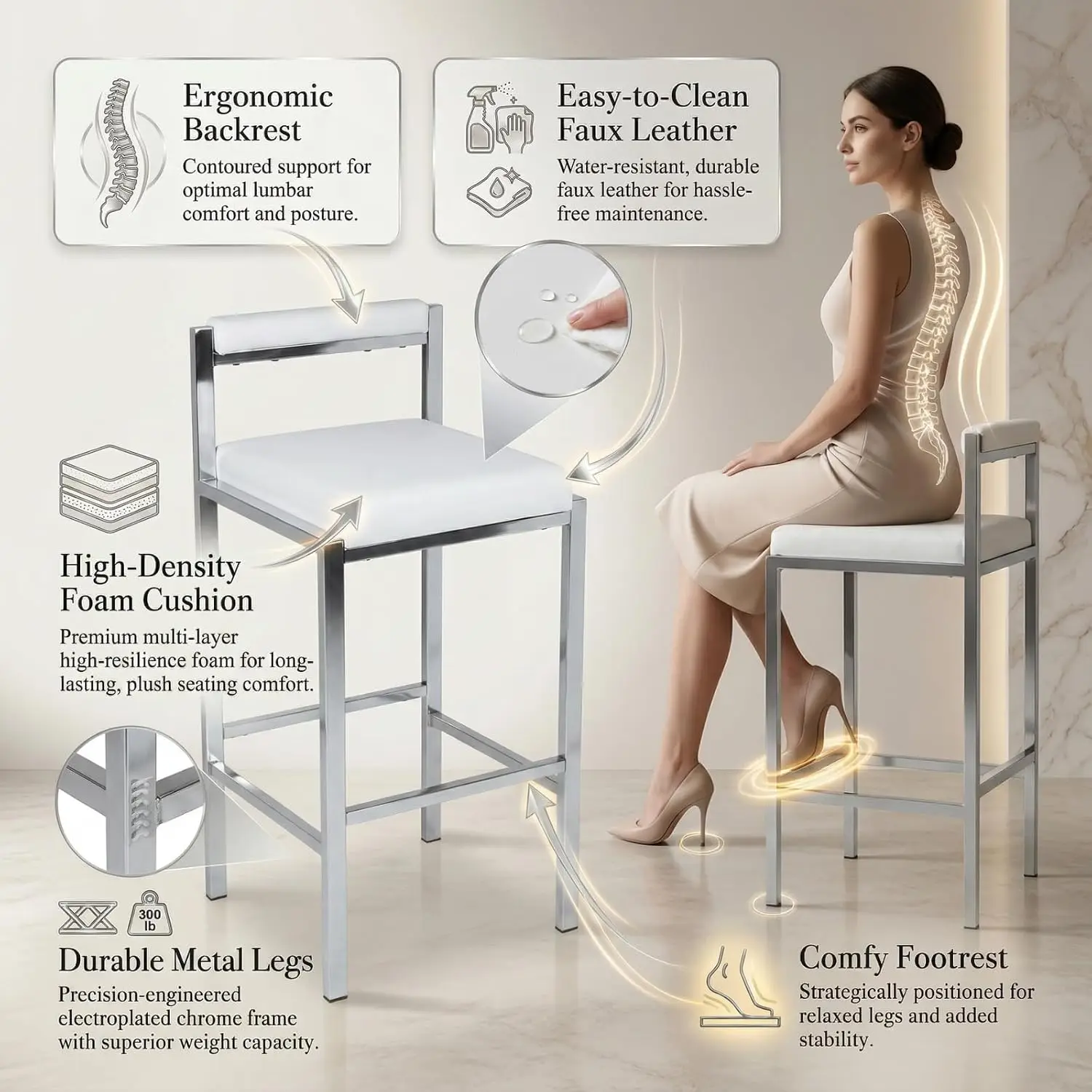 Bar Stools Set of 2, 30 Inch Modern Counter Height Bar Stools with Back, Industrial Barstools Faux Leather Upholstered, Custom view 4