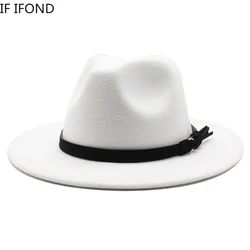 Gangster Trilby Felt Fedora Hat European American Wide Brim Top Jazz Caps Women Men Wool White Wedding Hat 56-58-61CM