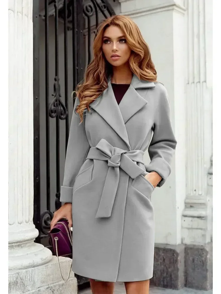 Ladies Notched Collar Belt Woolen Coat Mid Length Slim Fit Wrap Overcoat With Pockets