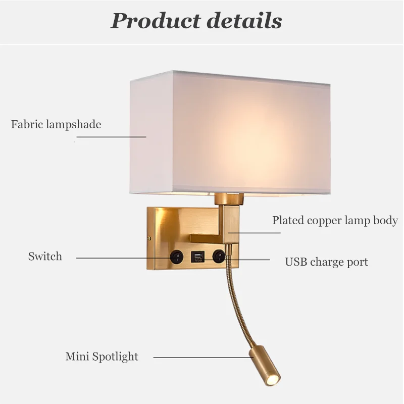 LED 침대 옆 벽 램프 2.0A USB 포트 360 ° 회전 스포트라이트 북유럽 현대 실내 조명, 침실 독서실 통로 	 led 조명 	 벽시계  	 무드등 	 벽등  	 거울  led 벽시계 	 led lights