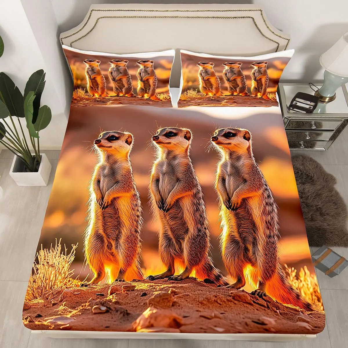 Cute Meerkat Fitted Sheet Twin King Size Wild Animal Bed Sheets Cartoon Wildlife Bed Cover Microfiber Funny Meerkat Bedding Set