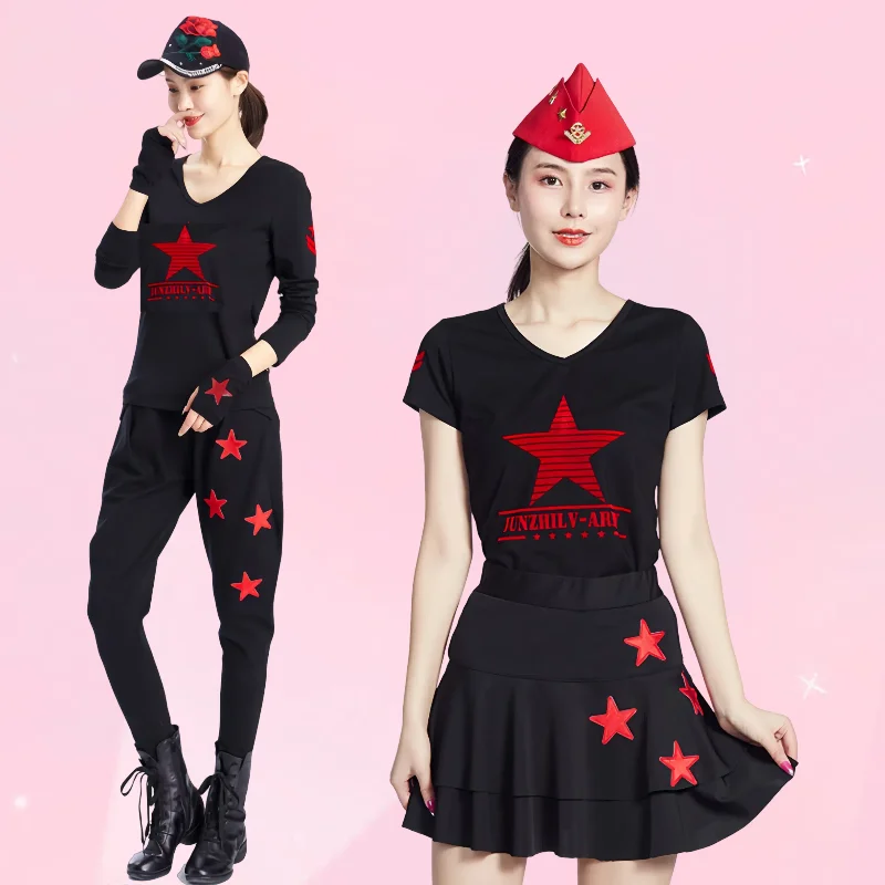 スクエアダンス衣装女性用大きいサイズラウンドネックtシャツセーラーダンスパフォーマンス衣装スカートセットスターパンツコットンフィットネス