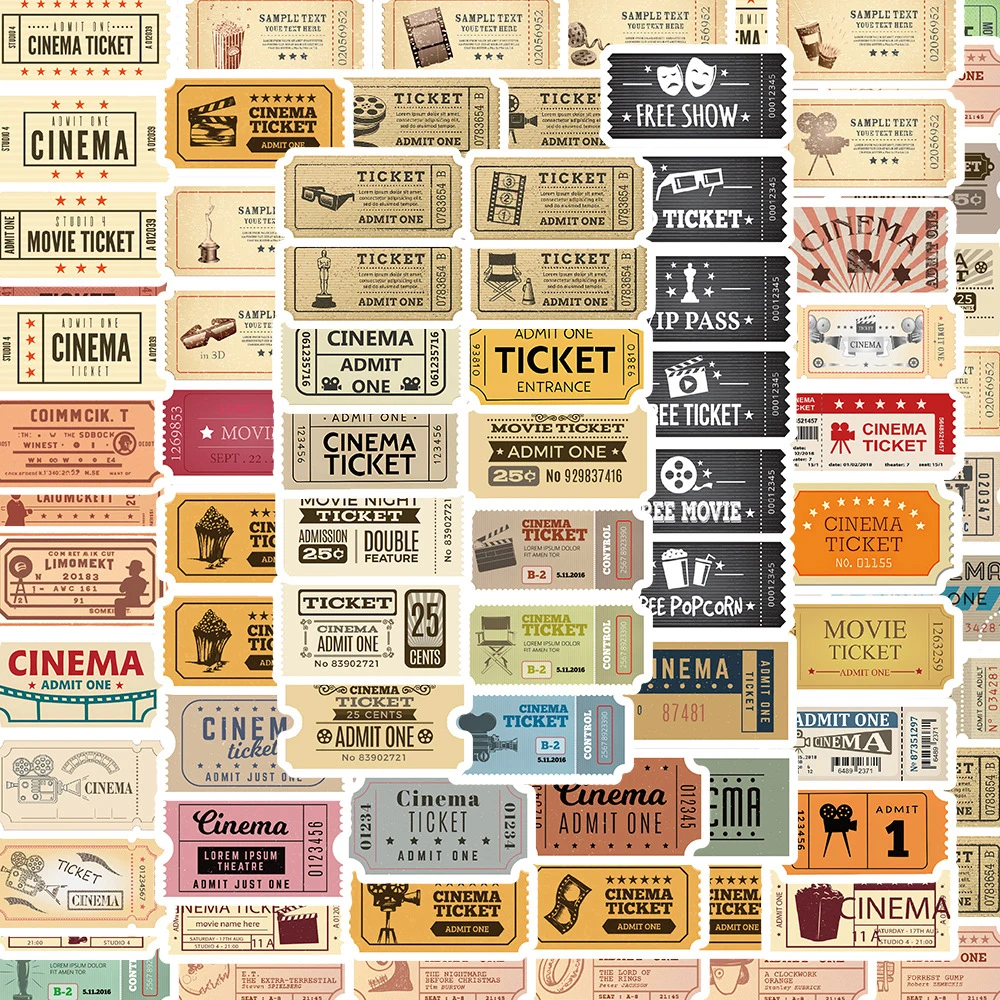 10/40/80pcs Vintage Classic Movie Ticket Stickers Laptop Skateboard Luggage Phone Car Motorcycle Waterproof Sticker Kids Toys