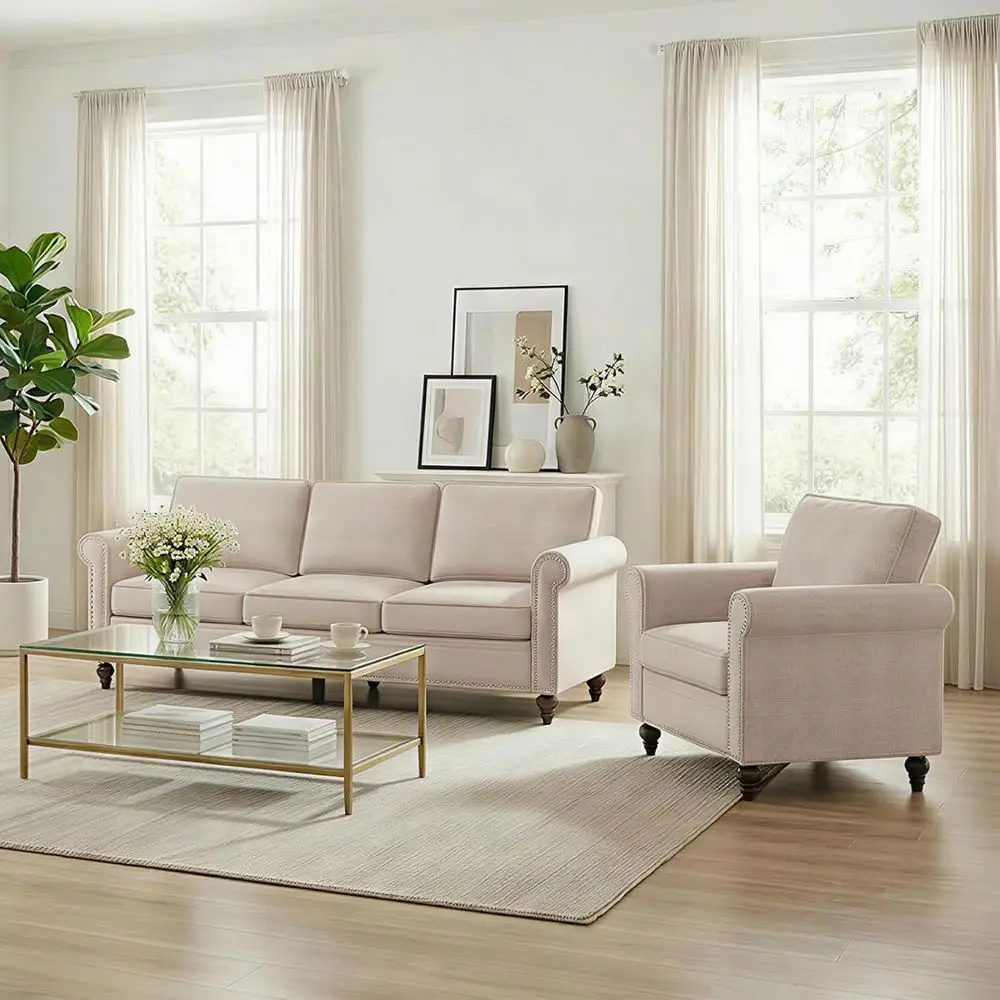 

2-Piece Living Room Sofa Sets: 3-Seater Sofa and Armchair with Linen Fabric for Small Spaces