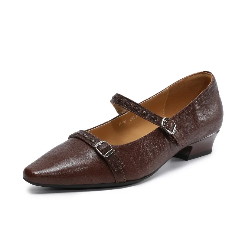 

Женские туфли Мэри Джейн 2026 с низким каблуком, заостренным носком, без застежек, из натуральной овечьей кожи, для повседневной носки