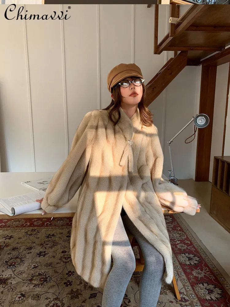 고급 패션 모조 밍크 퍼 코트 여성용 가을 겨울 신상 따뜻한 긴 소매 중간 길이 스탠드 칼라 우아한 퍼 재킷