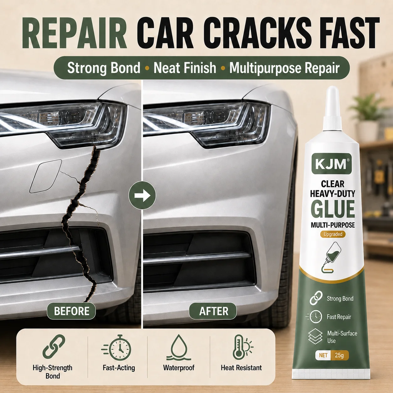 KJM Heavy-Duty Transparent Repair Adhesive Waterproof Heatproof Glue Fix Car Bumper Headlight Air Conditioner Plastic Cracks