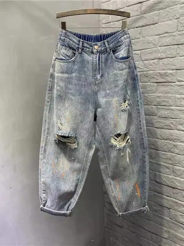 

Summer Large Size Men's Women's Splaed Ink Ripped Denim Jeans Harlan Dad Loose Straight Leg High Waist Long Pants Casual Wear
