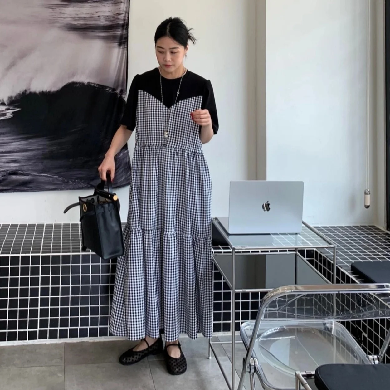 Retro Plaid Color Block Drawstring Dress Women's Commute Style Five Sleeve Cotton Gingham Patchwork Citywalk Dress
