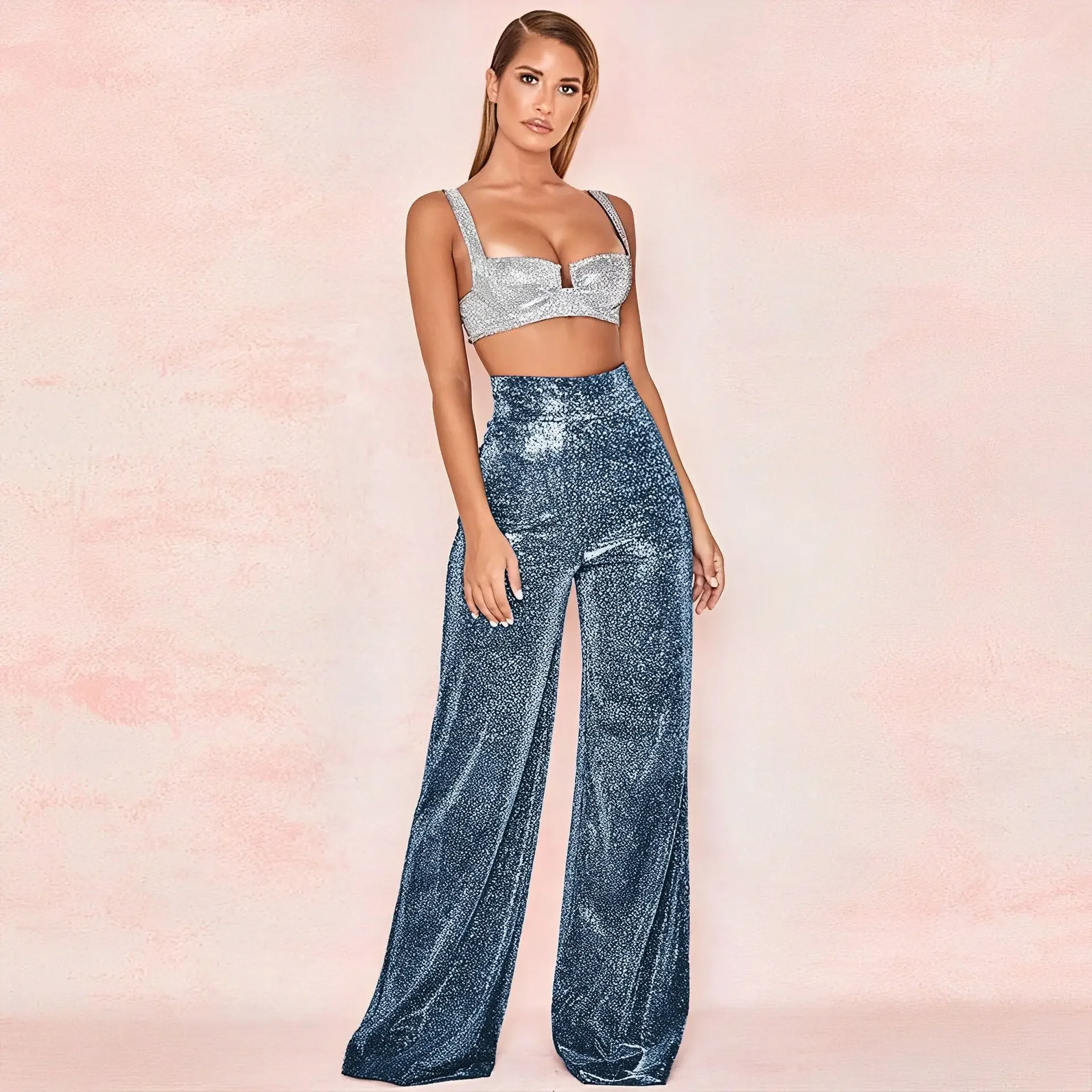 

2023 European and American Autumn Fashion New Hot Silver Wide Leg High Waist Straight Barrel Women's Elegant Sexy Casual Pants