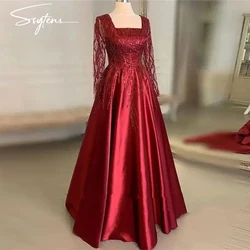 High Quality Evening Dresses Long Sleeves A-line Satin Prom Gown Muslim Customized Sequins Formal Gowns Dubai Women Party Dress