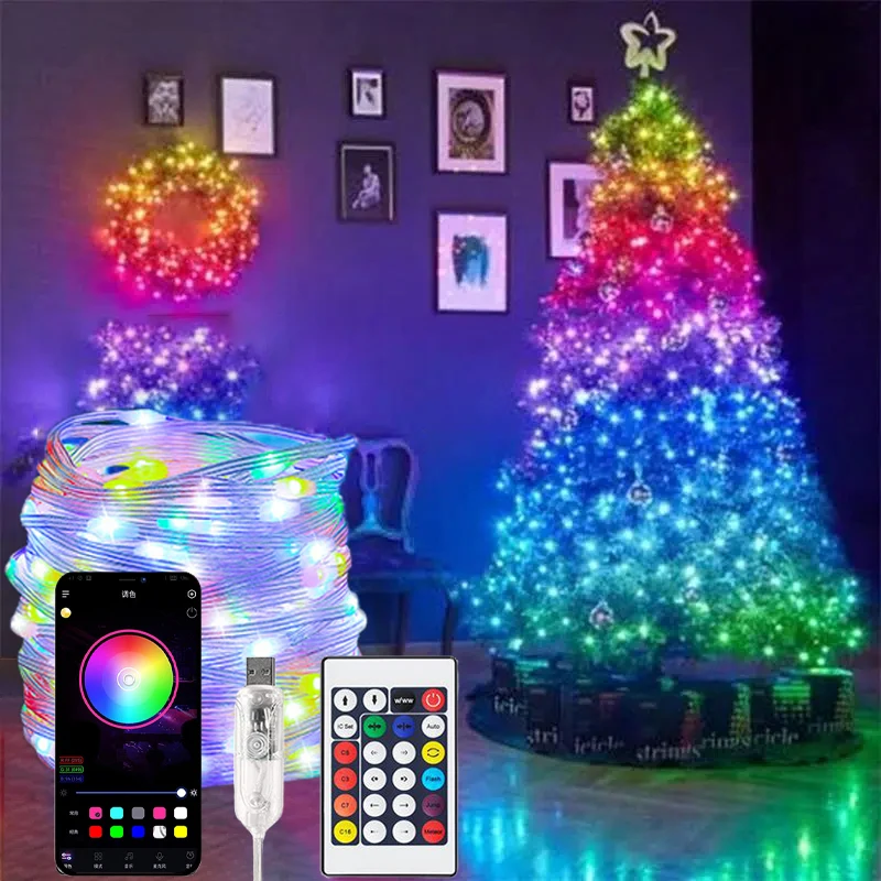 Guirnalda de luces LED con Control remoto, luces de Navidad, USB, Bluetooth, para dormitorio, fiesta, árbol de Navidad, decoración de vacaciones