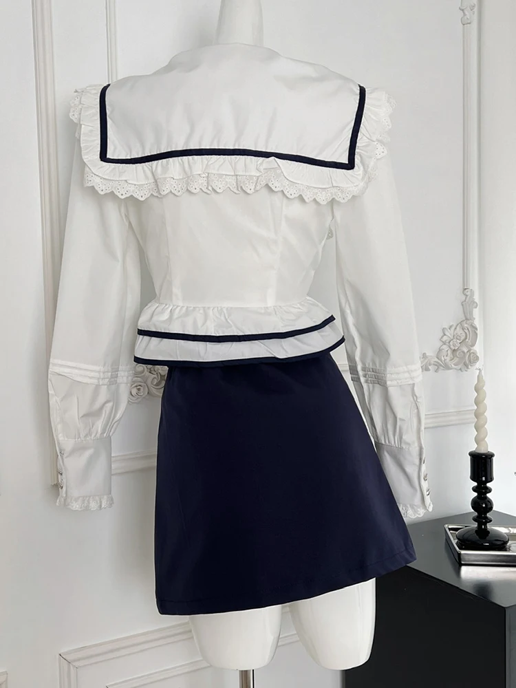 Autumn Women 2000s Sweet Birthday Evening Banquet Outfits 2 Piece Set Long Sleeve French Vintage Shirts + High Waist Mini Skirt