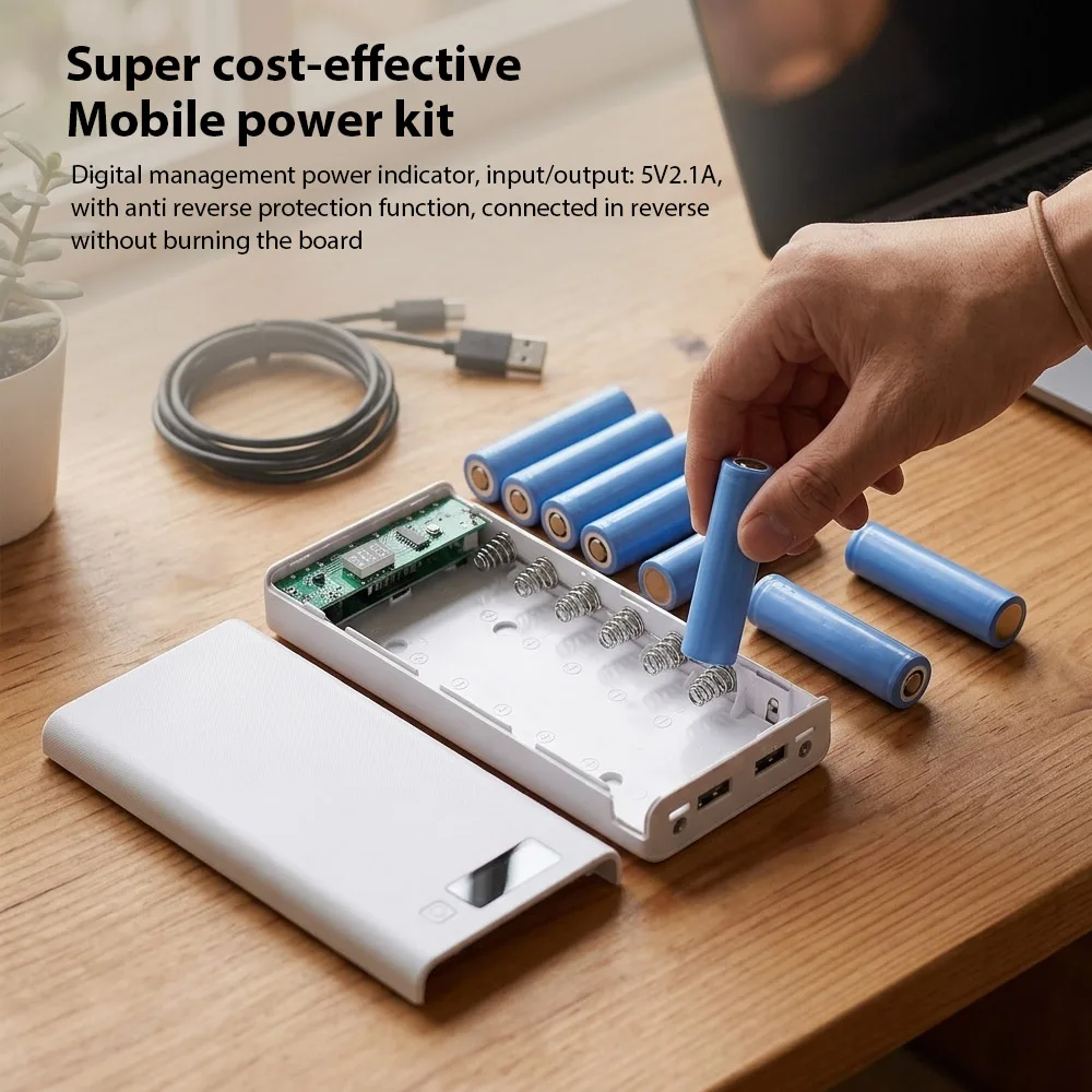 8*18650 Battery Storage Box Dual USB Power Bank Battery Box Mobile Phone Charger LED Digital Display Screen Battery Storage Case