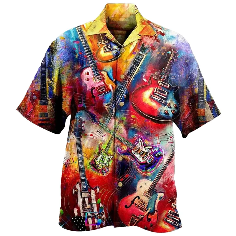 Guitar Music Graphic Hawaiian Shirt For Men Musical Instrument 3D Print Blouse Casual Short Sleeve Lapel Tops Loose Aloha Shirts