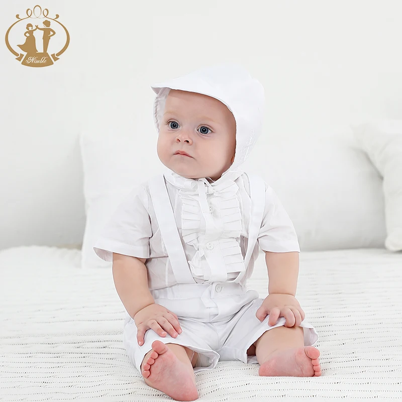 White Baby Boy Clothes Set Baptism Outfits Solid Full Sleeve Shoulder Strap Lace Christening Gown Newborn Gentleman Birthday