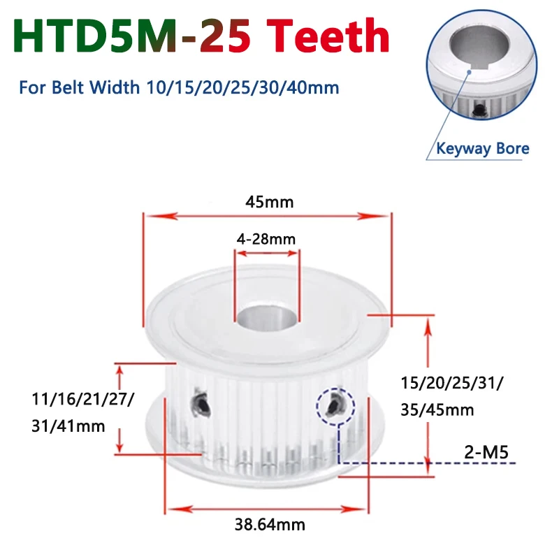 

1pc 25 Teeth HTD5M Timing Pulley HTD 5M 25T Aluminium Alloy Synchronous Wheel for Belt Width 10/15/20/25/30/40mm Bore 5-28mm