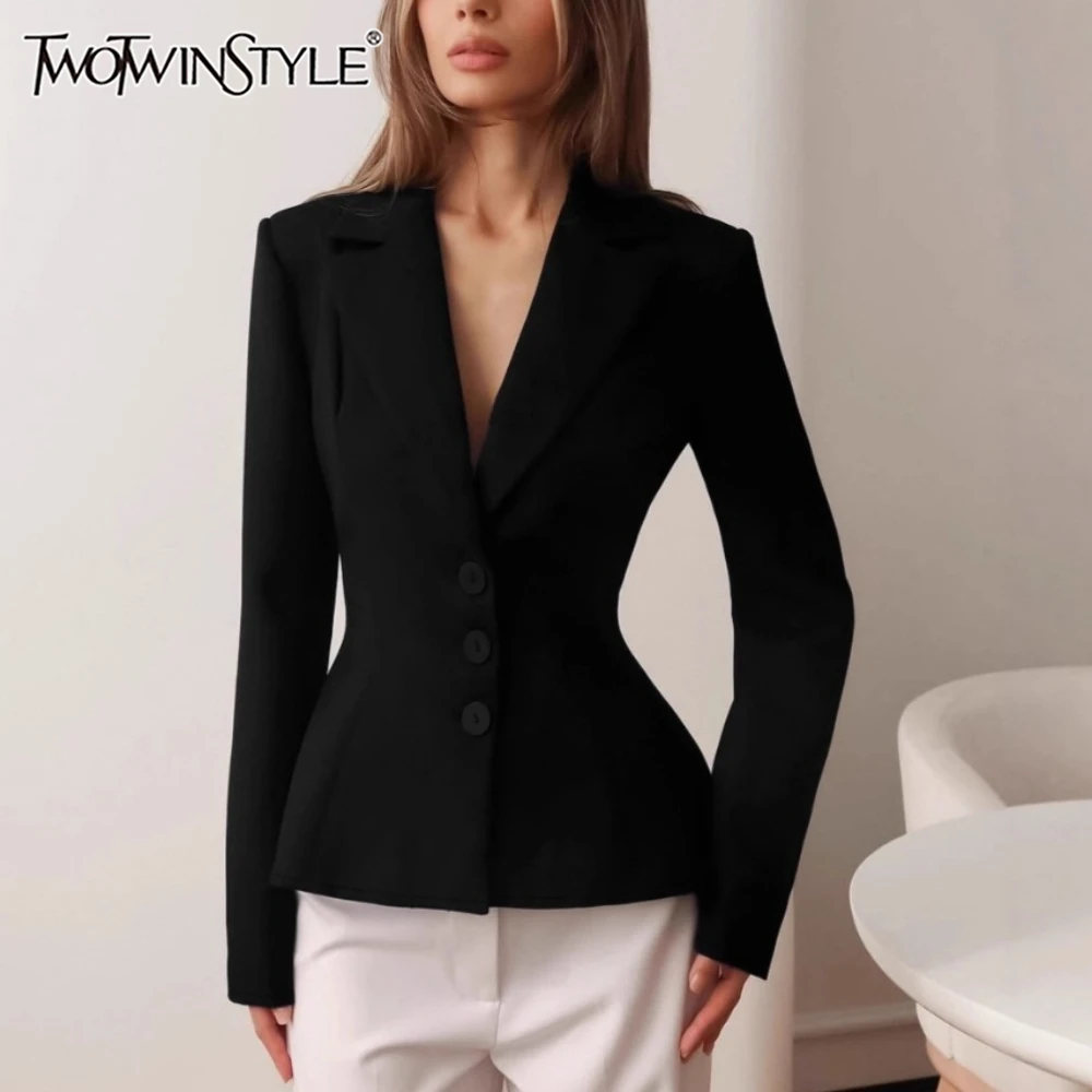 

TWOTWINSTYLE Commuting Slimming Blazer for Women Lapel Long Sleeve Spliced Button Casual Fashion Coat with Shoulders Pad Female