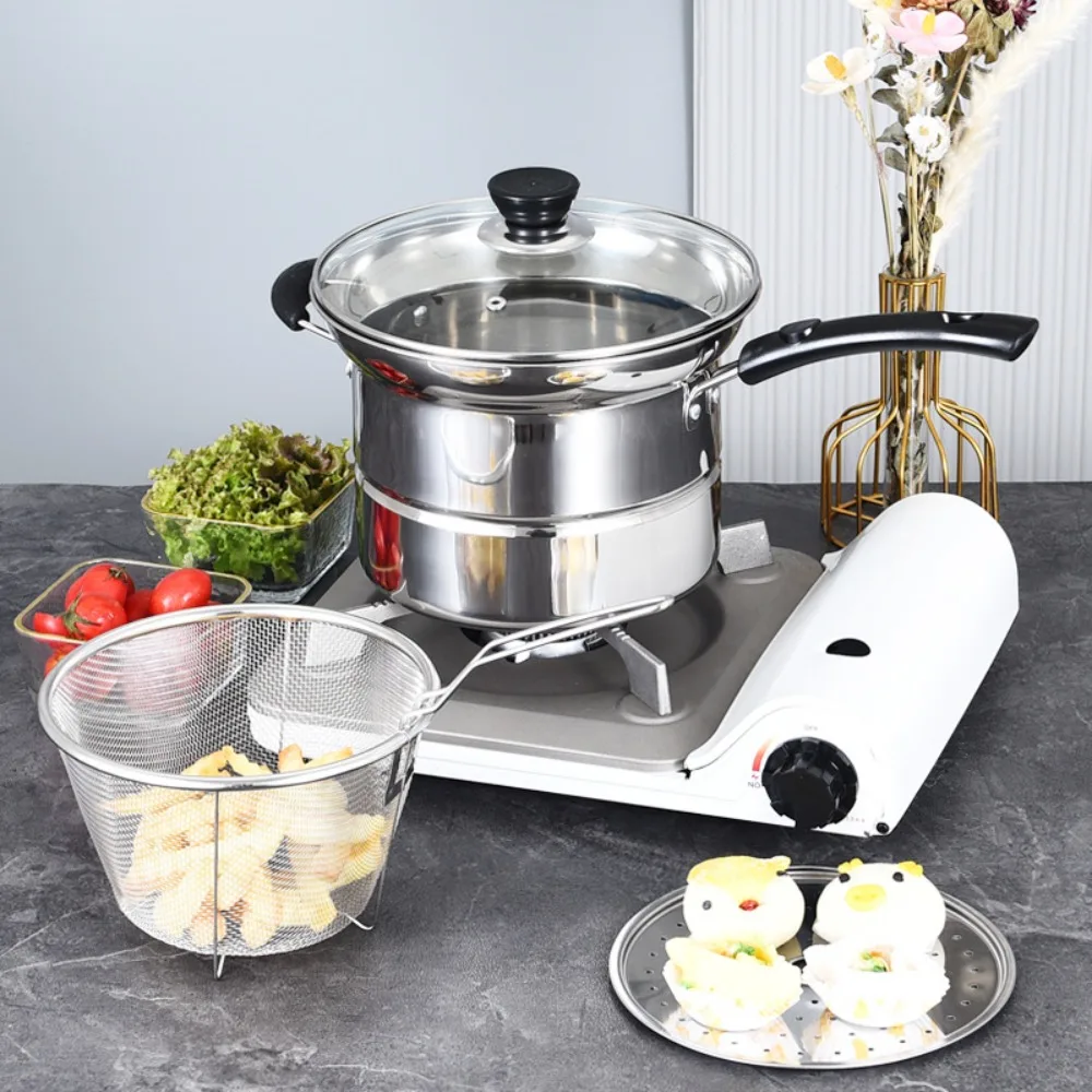 

Multifunctional Stainless Steel Deep Fryer Pot Visible Lid Japanese Pasta Pot with Frying Basket and Steamer Stockpot Soup