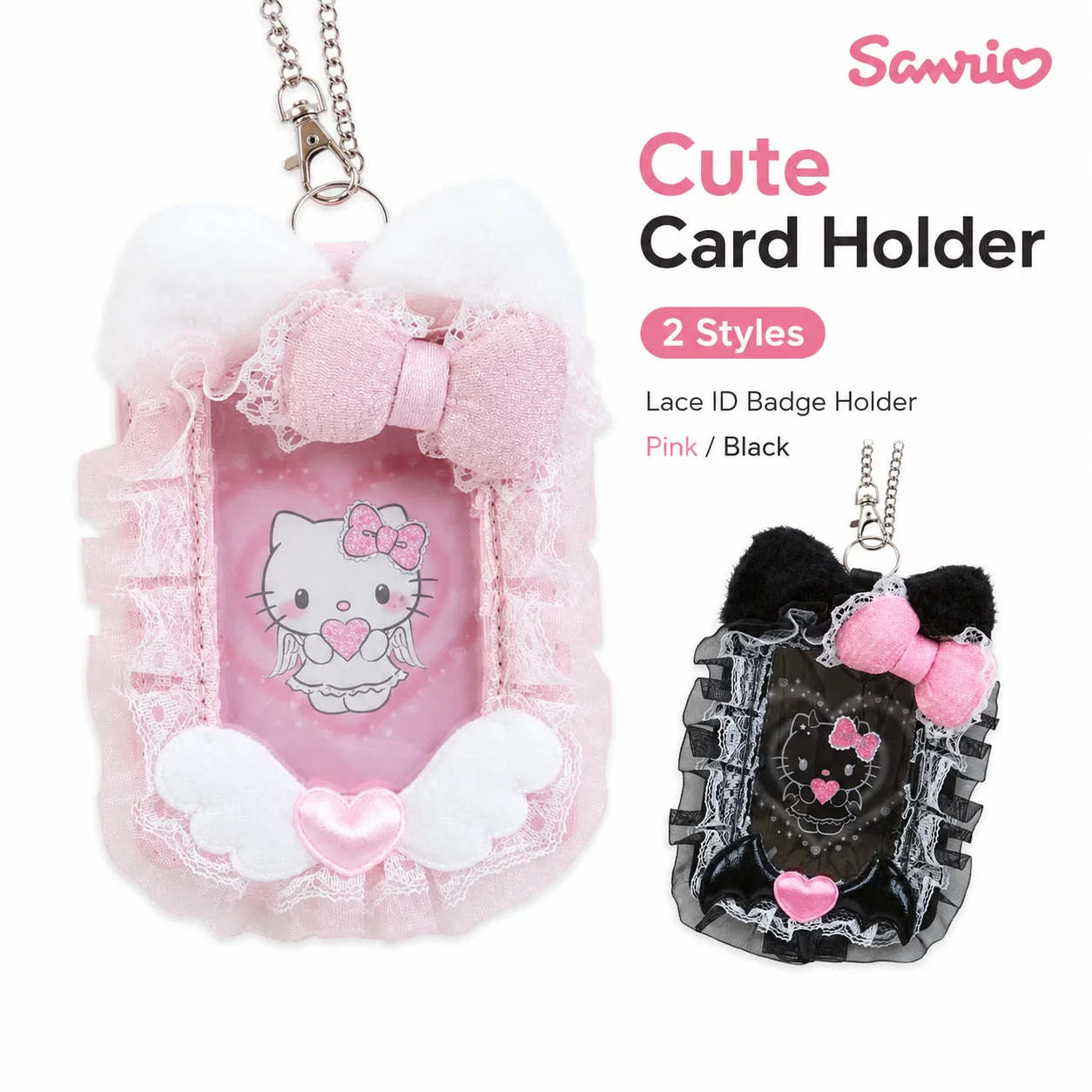 Sanrio Hello Kitty Lolita Spitzen-Fotokartenhalter Engel-Teufel-Flügel Ausweishalter Fotokartenetui Buskartenhalter mit Kettenanhänger