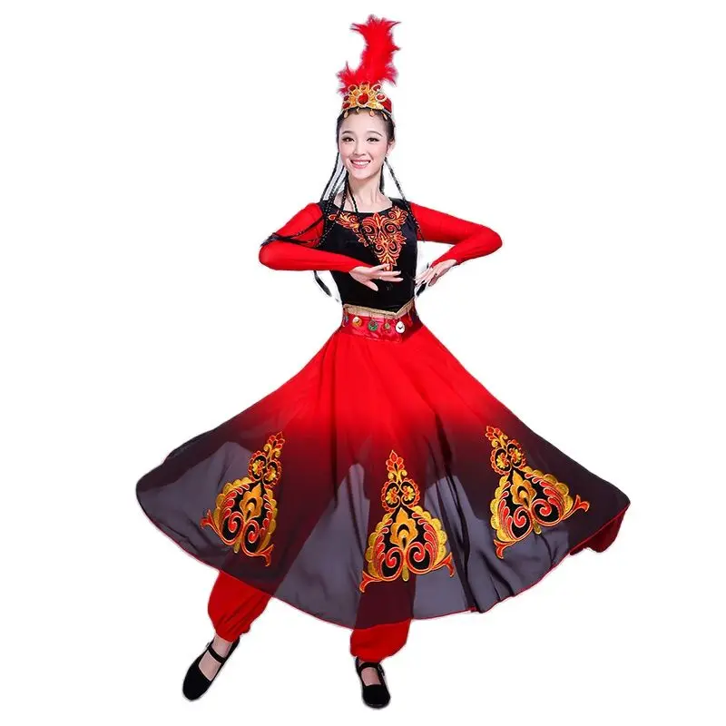 Chinese Folk dance costume Vintage Ethnic dress Red Xinjiang Uygur dance clothing national performance stage wear for singers