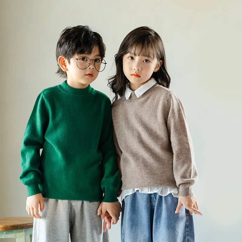 

100% wool Boys Sweater Childrens Warm Quality Wool Sweater Kids Solid O-neck Cashmere Girls Pullover Wool Clothes Boys Tops