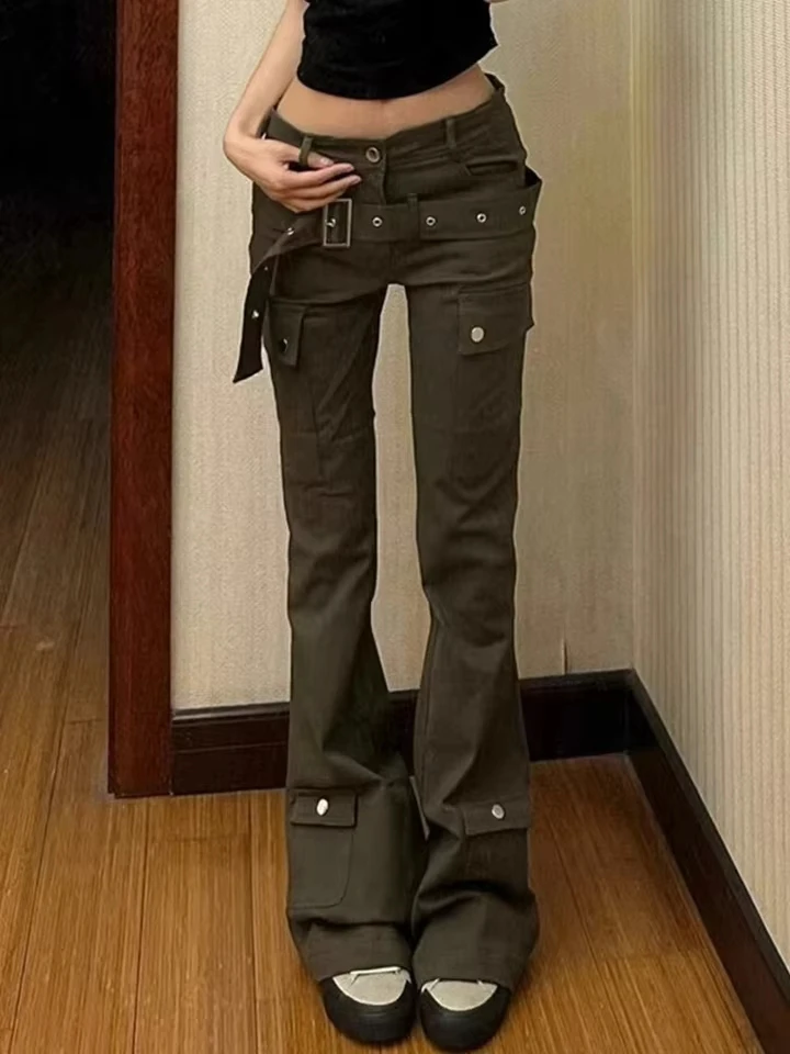 Retro Multi-pocket Casual Denim Cargo Pants Women 2024 Spring New Low Waist Sexy Slim Wide Leg Pants with Belt