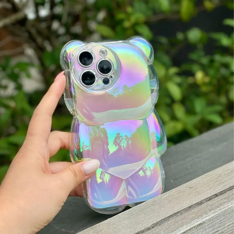 3D Laser Bear Case for iPhone 14 Pro Max Clear Glitter Rainbow Transparent Silicon Puffer Soft Cover for iPhone 13 Pro 11 12 14