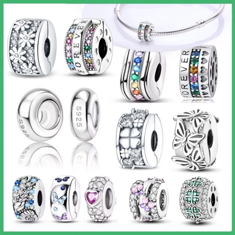 925 sterling silver clover snowflake colored safety buckle for women's fashion charm beads, suitable for DIY bracelets
