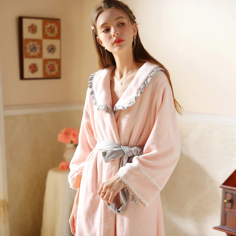 Autumn Winter Ladies Nightgown Warm Double Faced Velvet Long Style Women\'s Flannel Bathrobe Thickening Kimono