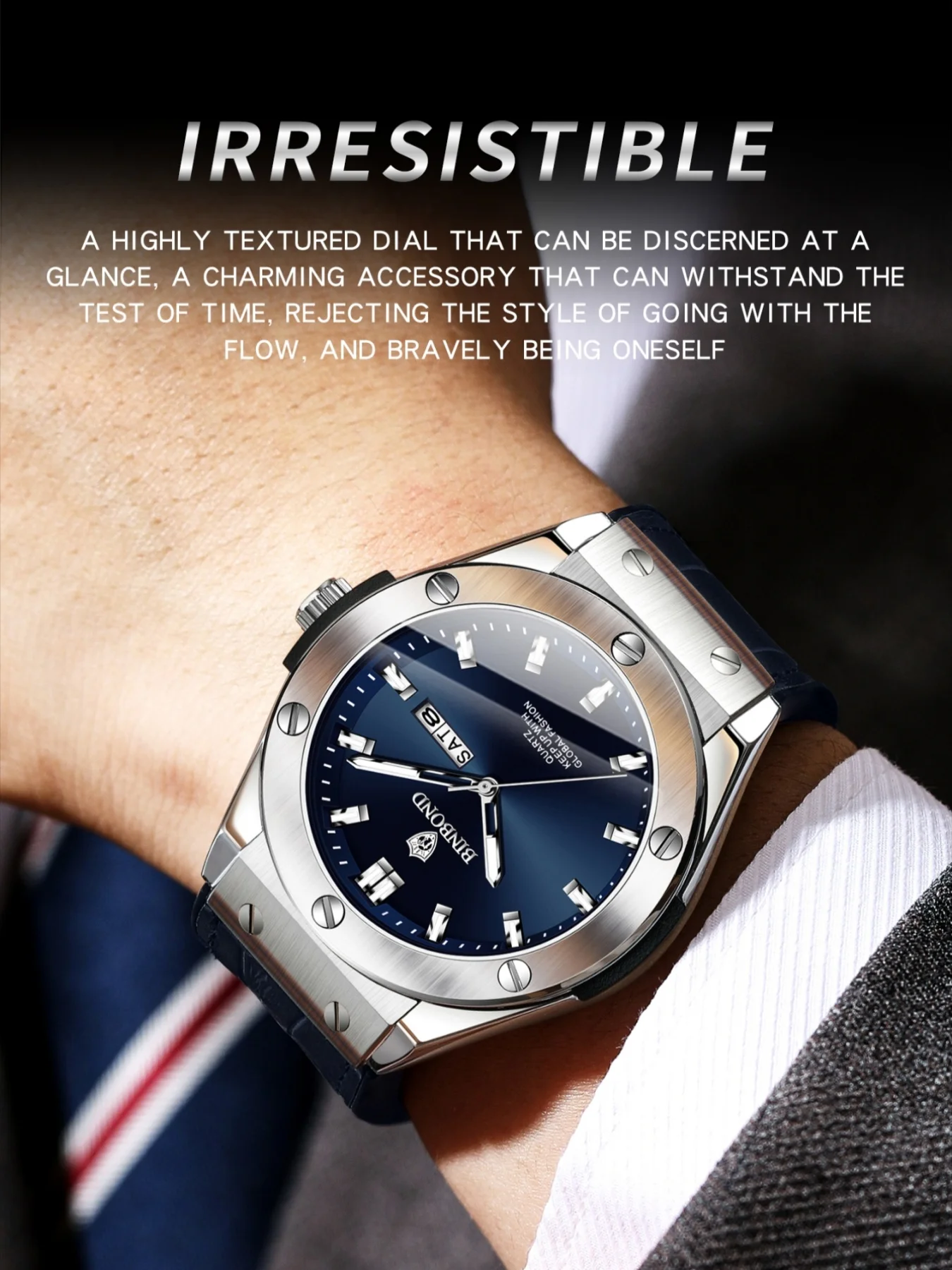 BINBOND Business Men's Watch 30M Waterproof Luminous Hands Date Calendar Function Men's Watch Stainless Steel Quartz Men's Watch image 6