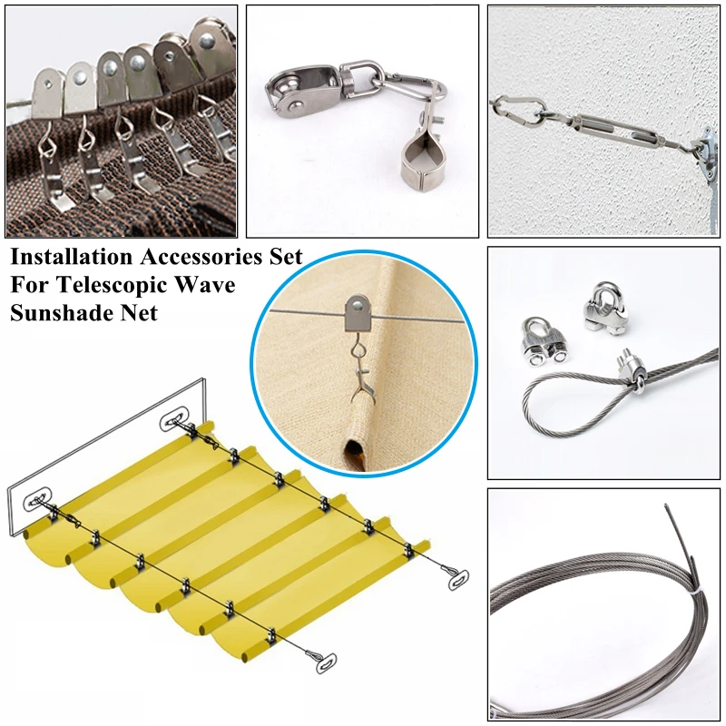 

Installation Accessories Set For Telescopic Wave Sunshade Net Pulley Spring Buckle Wire Rope Outdoor Awning Fittings Customized