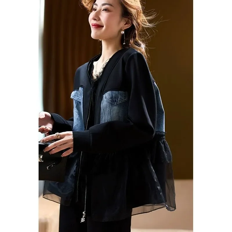 Spring Autumn Short Denim Join Together Coat Women 2024 New Fashion Loose Casual Jacket Black Gauze Temperament Outerwear Female