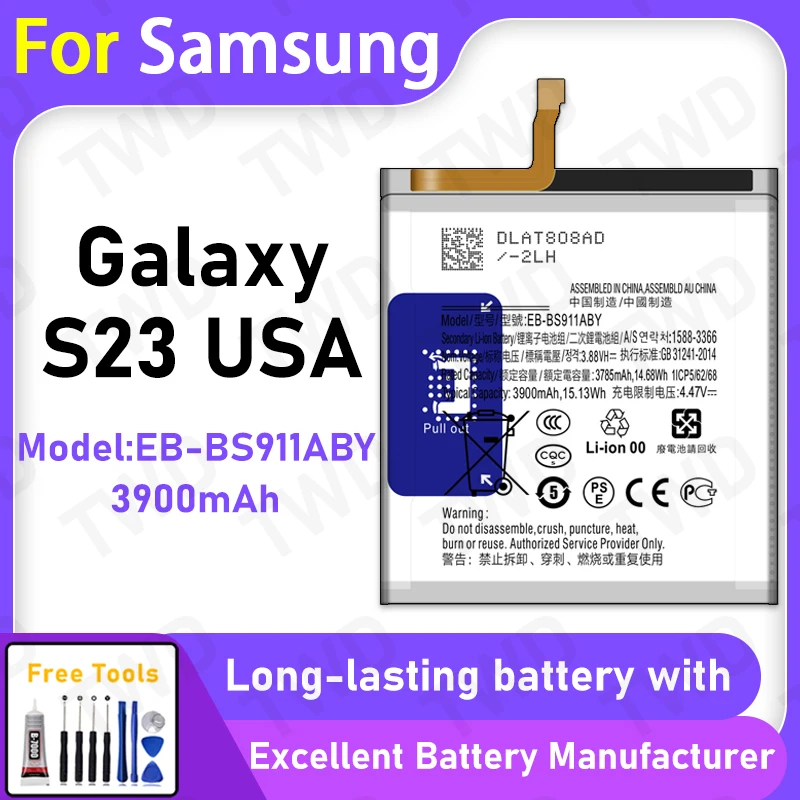 

100% New 3900mAh EB-BS911ABY Battery For Samsung Galaxy S23 US Battery Replacement Bateria+Free Tools