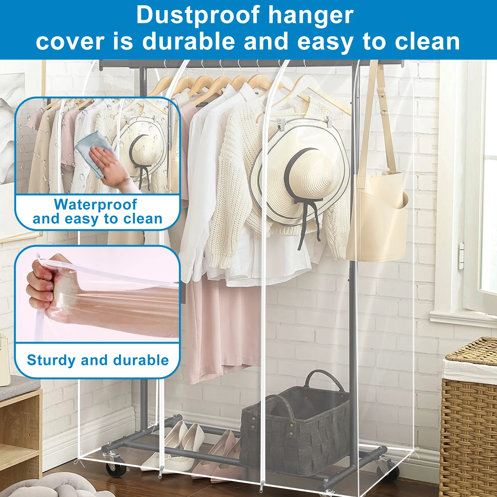 Clothing Dust Cover Garment Rack with Zipper Reusable Transparent Waterproof Dustproof PEVA Large Clothes Rail Cover Organizer