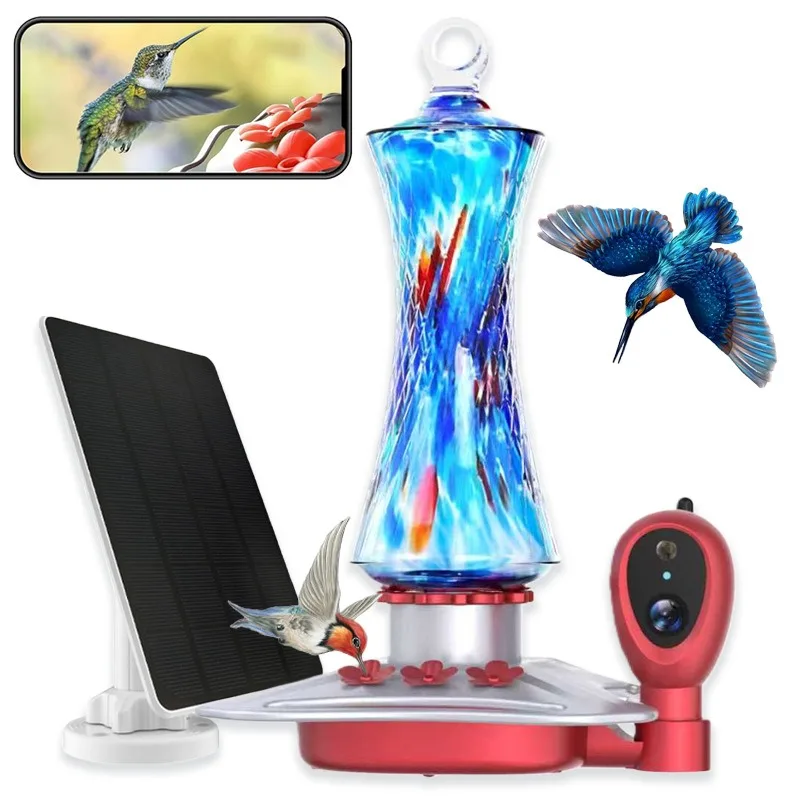 Solar hummingbird feeder, camera bird recognition stained glass water feeder